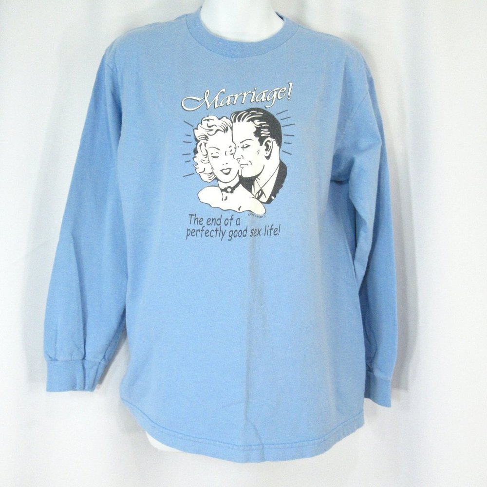 Marriage Novelty Long Sleeve T Shirt Light Blue Medium USA Made Wedding Shower